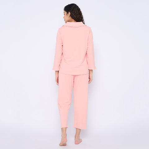 Women's Cotton Pajama Set, Long Sleeve Button-Down Shirt with Pants, Comfortable Sleepwear, Pink