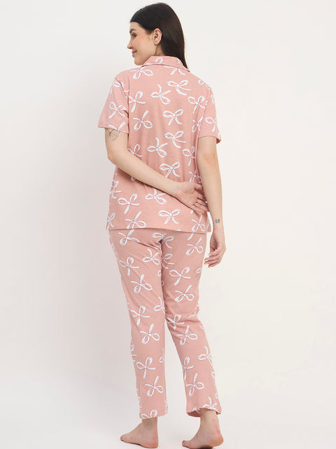 Women's Printed Nightsuit Pajama Set, Short Sleeve Button-Down Top with Pants, Cotton Nightwear, Beige