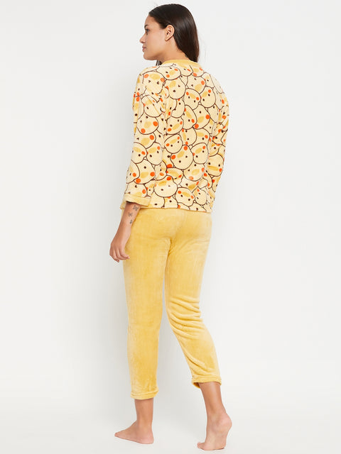 Women Printed Winter Full Sleeve Front open Top and Pajama Pants