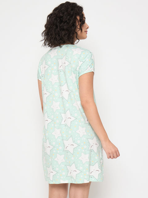 Women's Printed Nightgown, Short Sleeve Sleep Dress, Short Length, Short Nighty, White Green