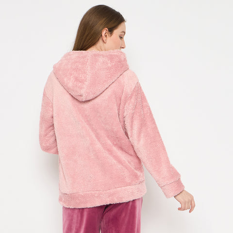 Women Solid Hooded Sherpa Fleece Sweatshirt