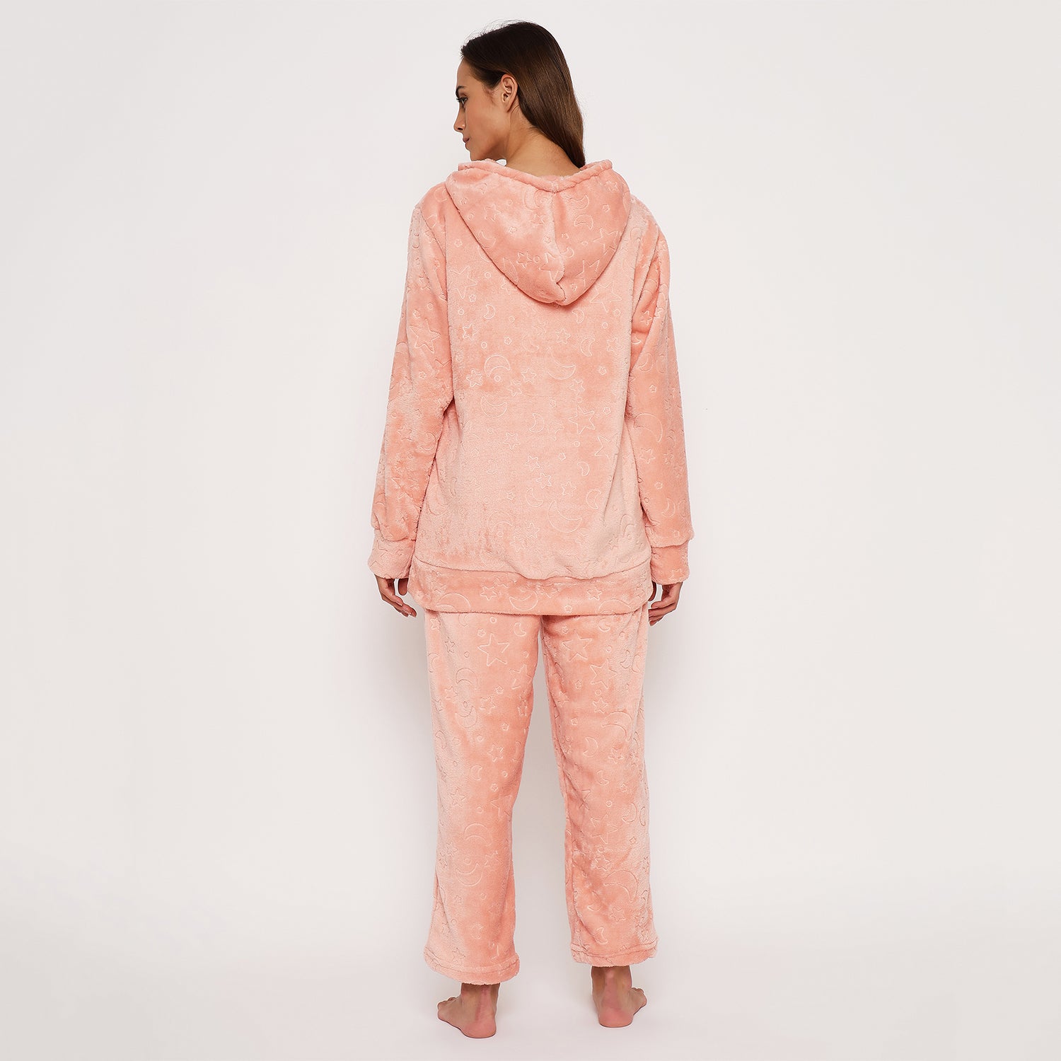 Women's Embossed Full Sleeve Hooded Top and Pajama Pants with Pockets