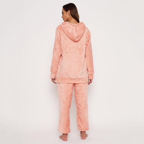 Women's Embossed Full Sleeve Hooded Top and Pajama Pants with Pockets