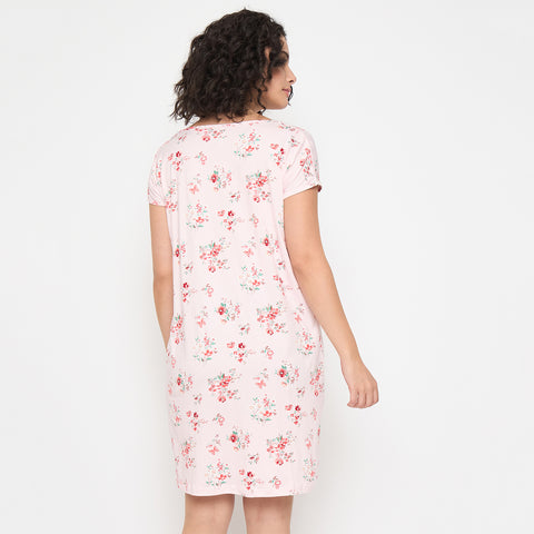Camey Cotton Nighty – Best Nightwear for Women Online | Women's Printed Nightgown, Short Sleeve Sleep Dress, Short Length, Short Nighty, Pink Red