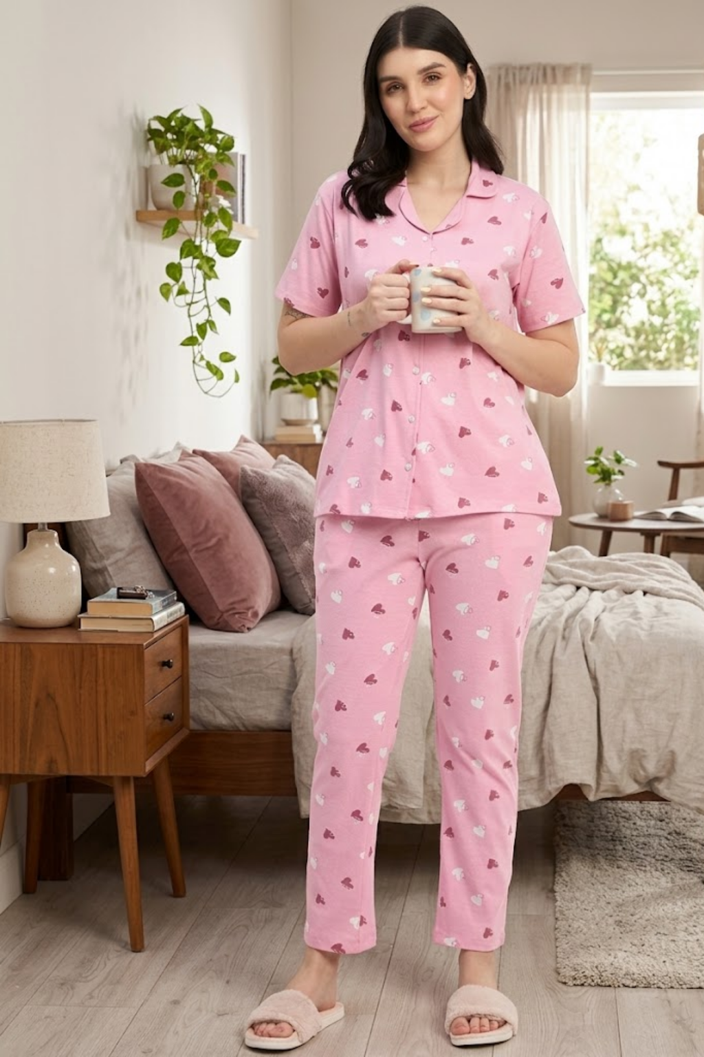 Women's Printed Nightsuit Pajama Set, Short Sleeve Button-Down Top with Pants, Cotton Nightwear, Pink