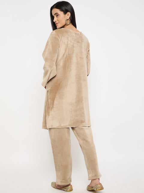 Women's Velvet Winter Kurti Set, Long Sleeves|Winter Velvet Kurti & Pajama Set