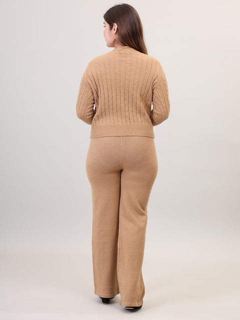 Women's Long Sleeve round neck woolen Co-Ord Set (Khaki)