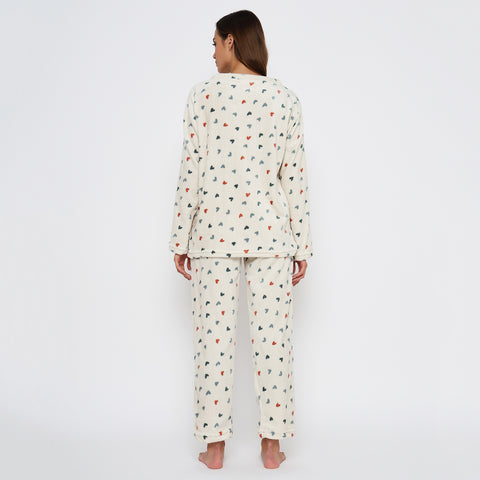 Women's Printed Full Sleeve Round Neck Top and Pajama Pants with Pockets