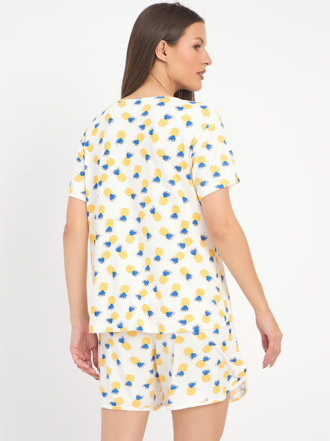 Women's Printed Loungewear Set, White Yellow