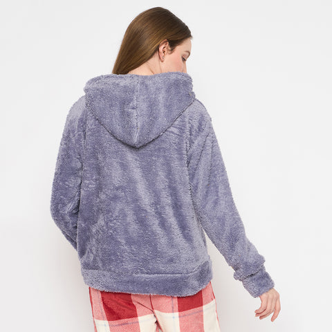 Women Solid Hooded Sherpa Fleece Sweatshirt