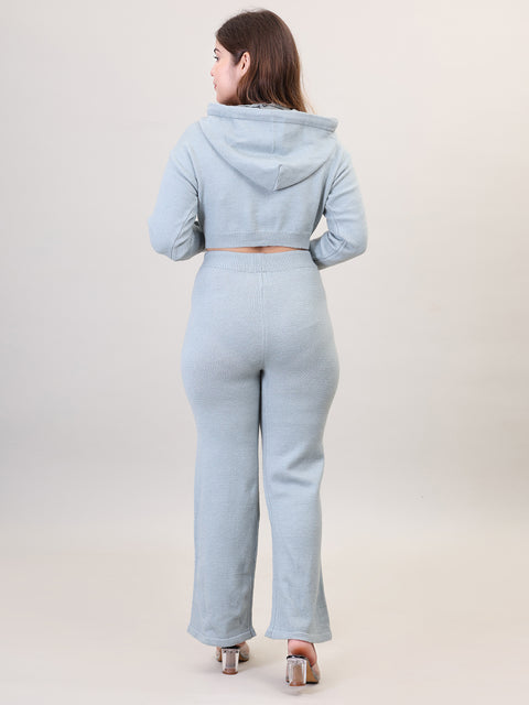 Women's Long Sleeve Hoody woolen Light Blue Co-Ord Set