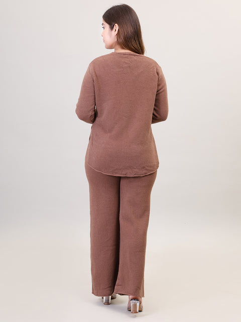 Women's Long Sleeve V-Neck woolen Khaki Co-Ord Set