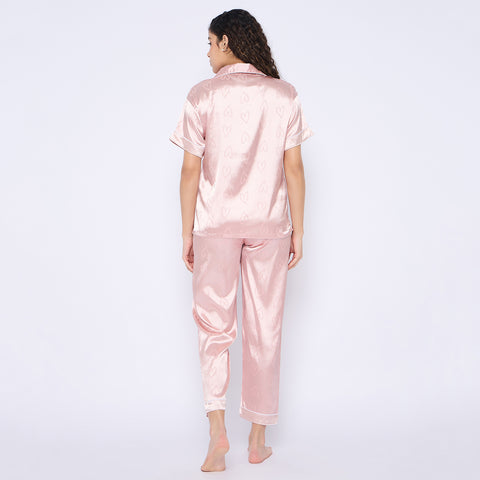 Women's Satin Pyjama Set, Short Sleeve Button-Down Shirt with Full Length Pyjama