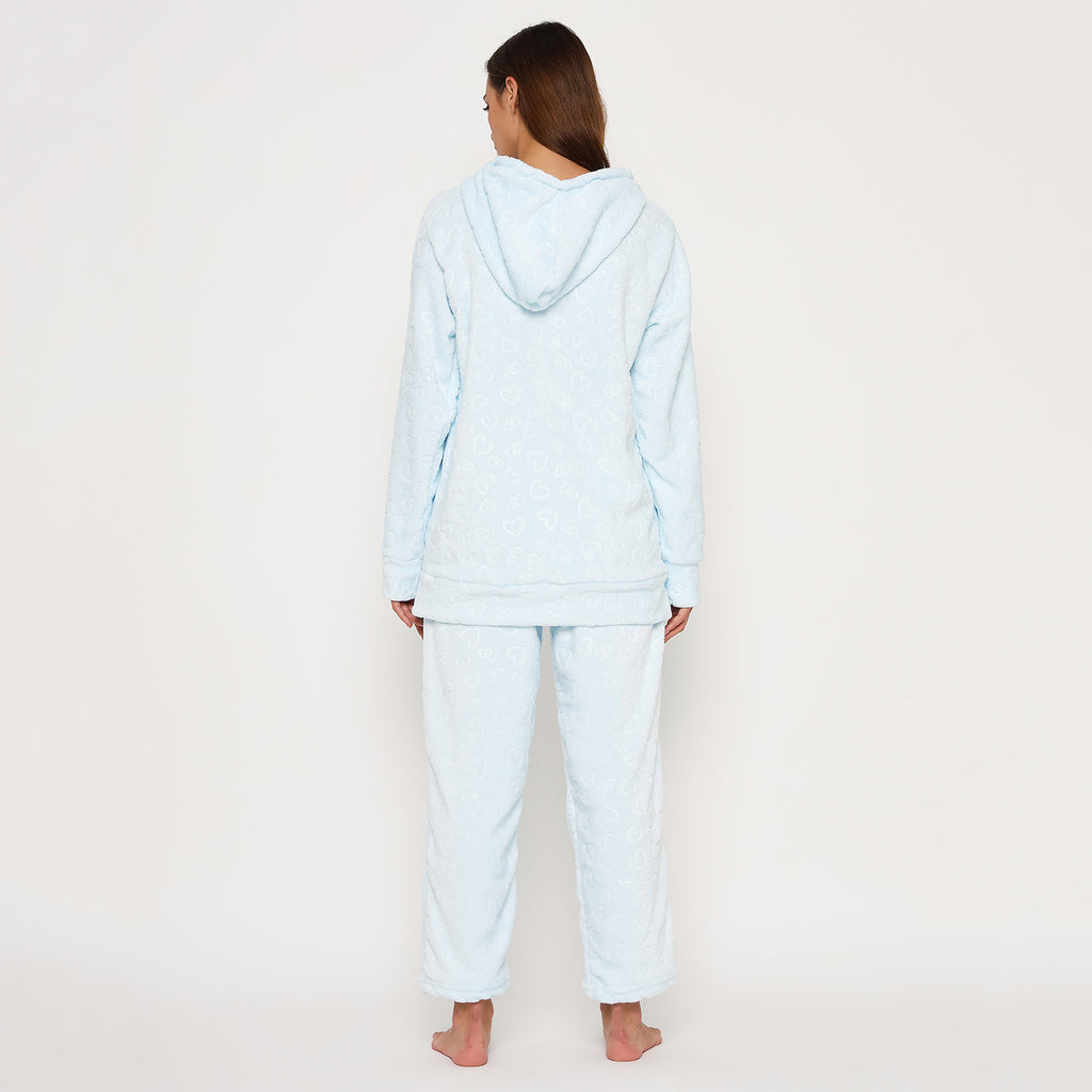 Women's Embossed Full Sleeve Hooded Top and Pajama Pants with Pockets