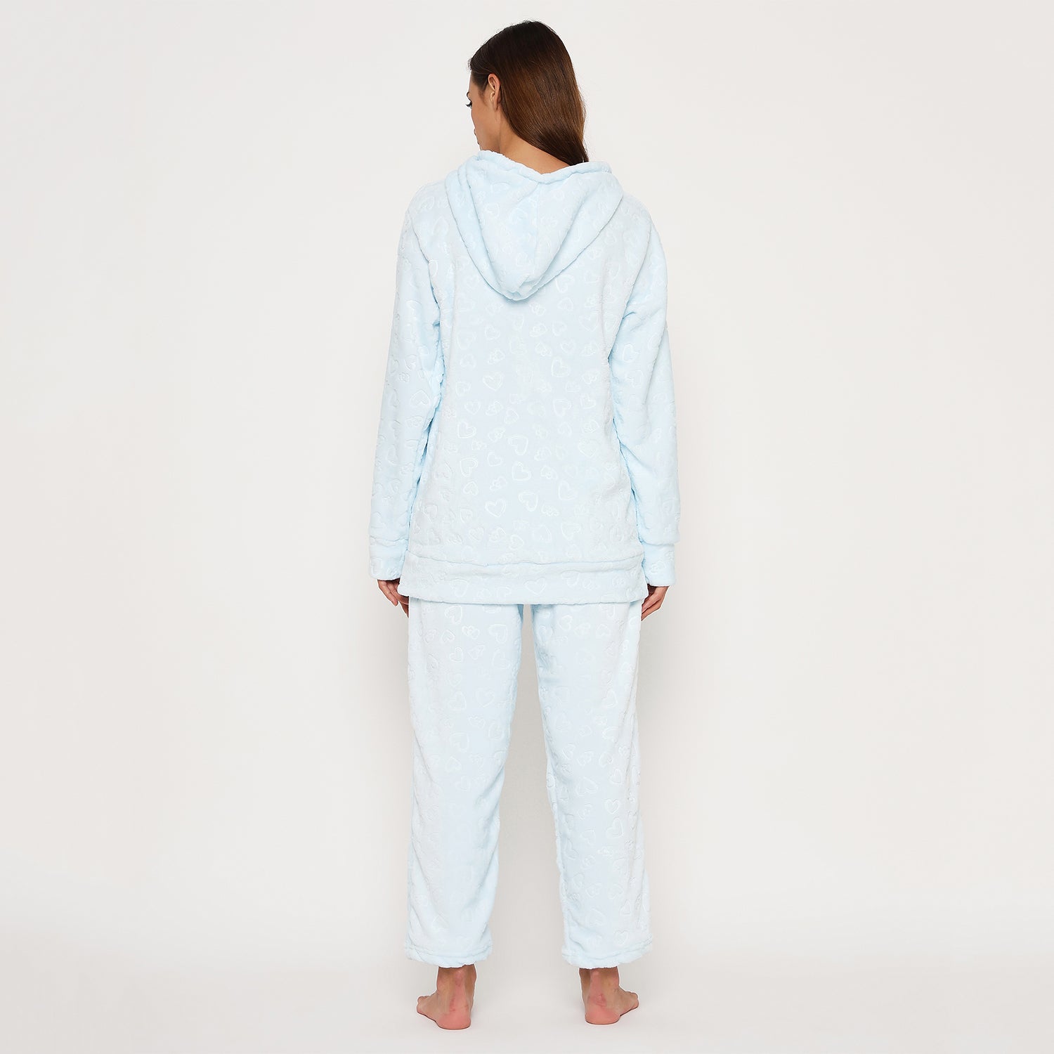 Women's Embossed Full Sleeve Hooded Top and Pajama Pants with Pockets