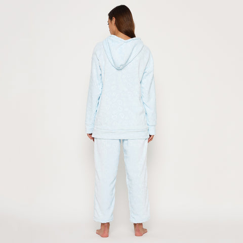 Women's Embossed Full Sleeve Hooded Top and Pajama Pants with Pockets