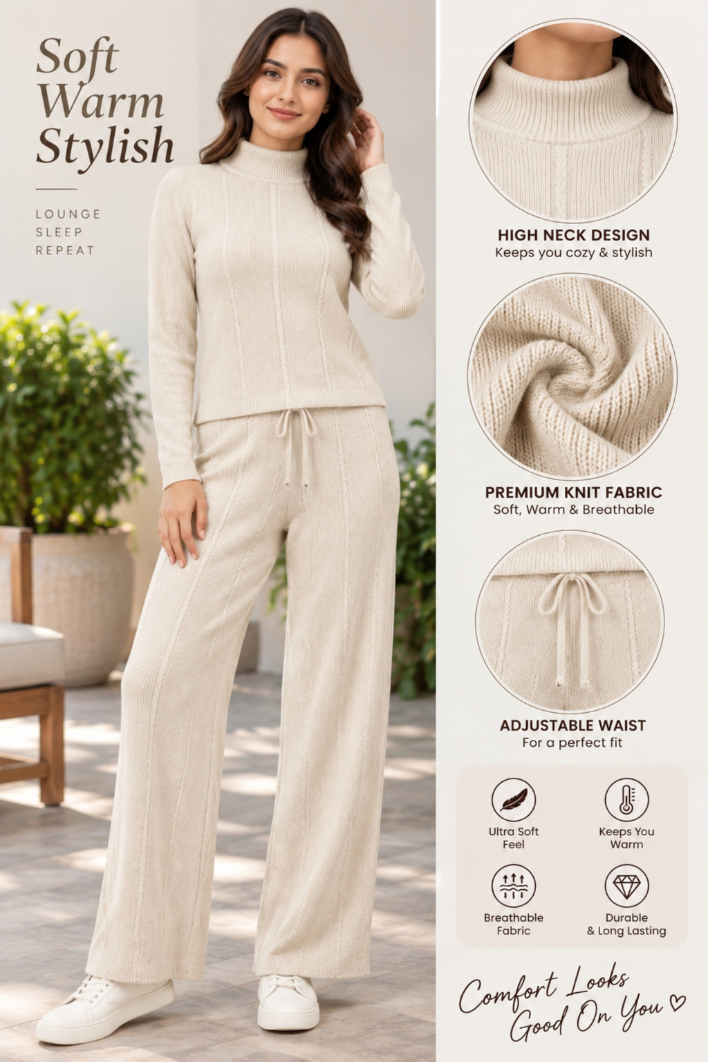 Camey Women Woolen Lounge Wear Set | Full Sleeve with Wide Leg Pants | Soft Warm Winter Co-Ord Set