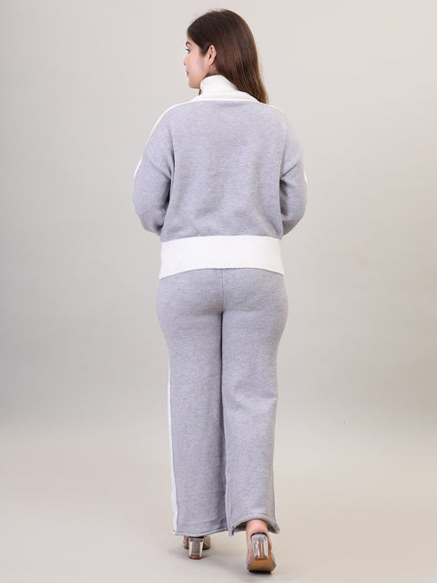 Women's Long Sleeve High Neck woolen Grey Co-Ord Set