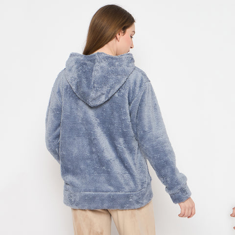 Women Solid Hooded Sherpa Fleece Sweatshirt