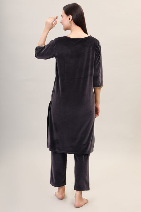 Women's Velvet Winter Embroidered Corduroy Kurti Set, Long Sleeves (Black)