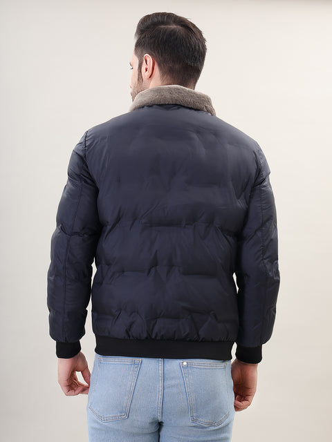 Navy Spread Collar Puffer Jacket for Mens