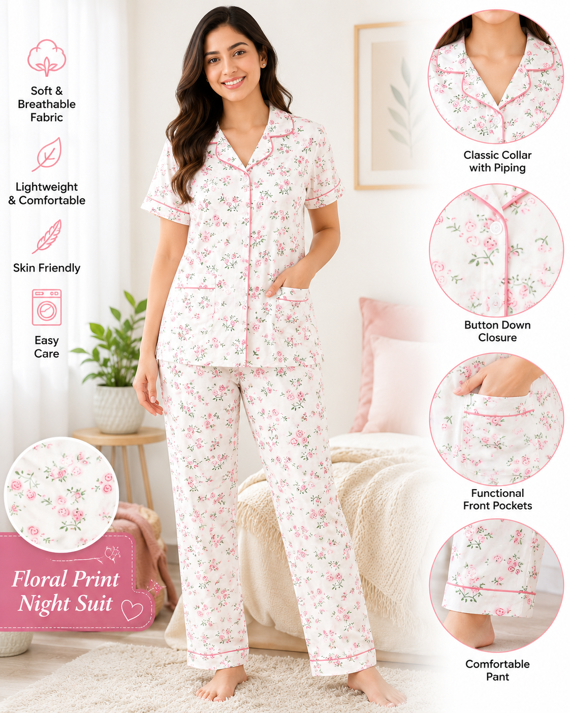 Women Night Suit | Women Sleepwear Set | Ladies Nightwear | Front Open Pyjama Set