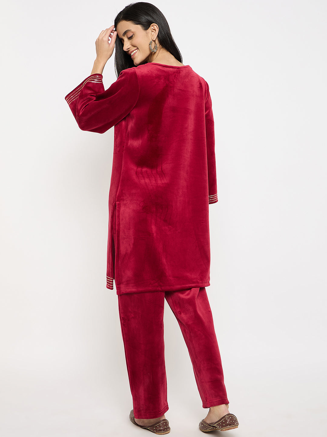 Women's Velvet Winter Kurti Set, Long Sleeves|Winter Velvet Kurti & Pajama Set