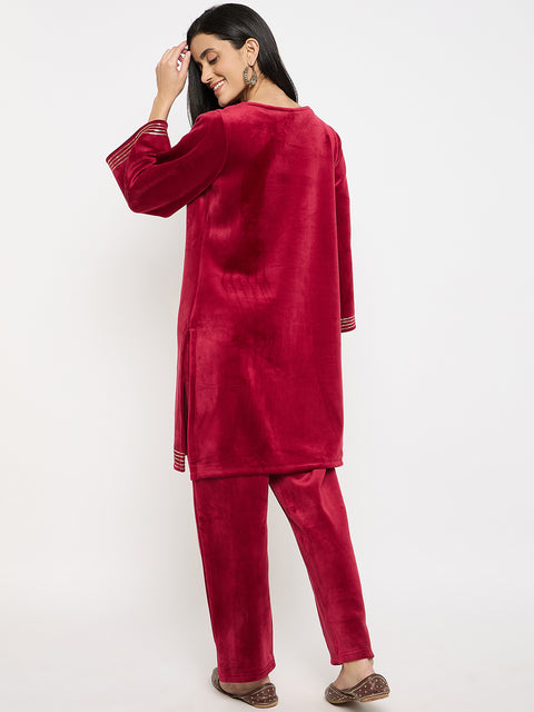 Women's Velvet Winter Kurti Set, Long Sleeves|Winter Velvet Kurti & Pajama Set