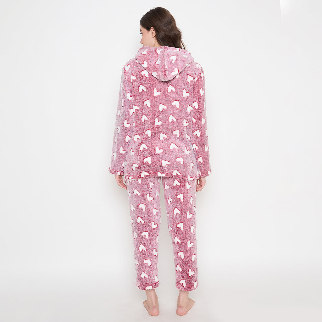 Women's Winter Glow in Dark Printed Full Sleeve Hooded Top, Pajama Pants with Pockets