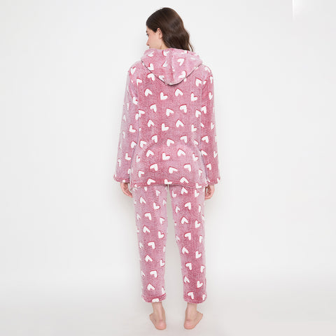 Women's Winter Glow in Dark Printed Full Sleeve Hooded Top, Pajama Pants with Pockets