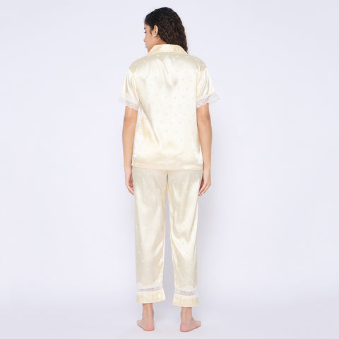 Women's Satin Pyjama Set, Short Sleeve Button-Down Shirt with Full Length Pyjama