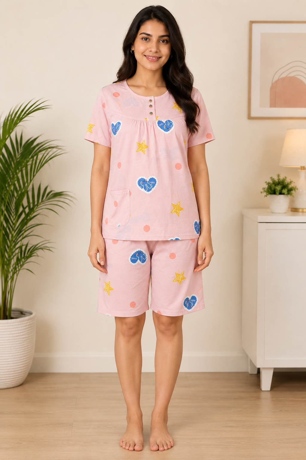 Camey Women’s Short Nightwear Set | Soft Printed Top & Knee-Length Shorts | Breathable Summer Sleepwear for Ladies