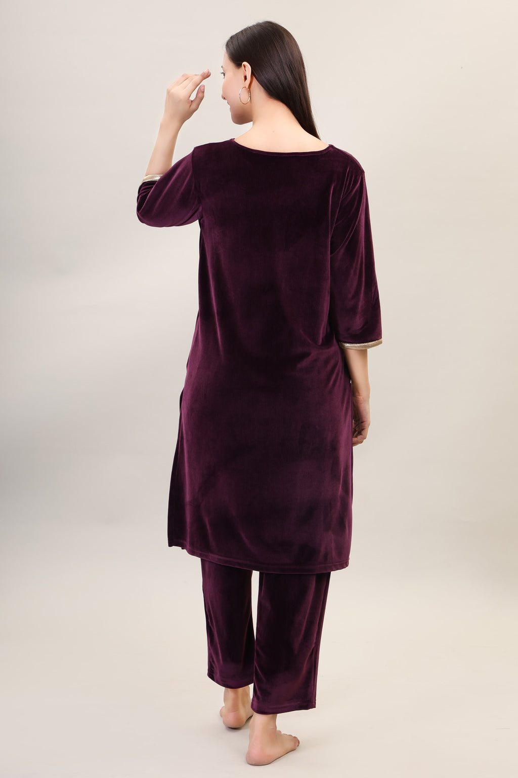 Women's Velvet Winter Embroidered Corduroy Kurti Set, Long Sleeves (Maroon)