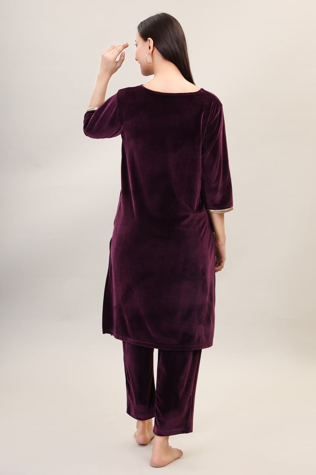 Women's Velvet Winter Embroidered Corduroy Kurti Set, Long Sleeves (Maroon)
