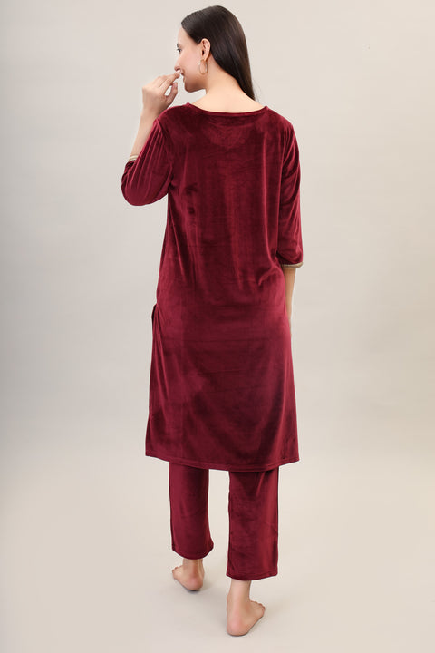 Women's Velvet Winter Embroidered Corduroy Kurti Set, Long Sleeves (Black)