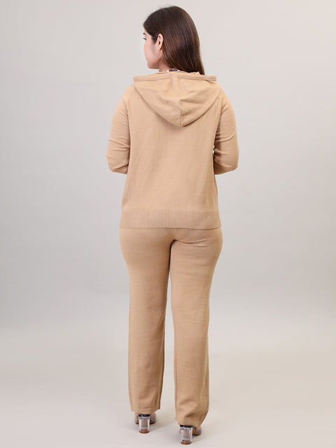 Women's Long Sleeve Zipper Hoody woolen Khaki Co-Ord Set