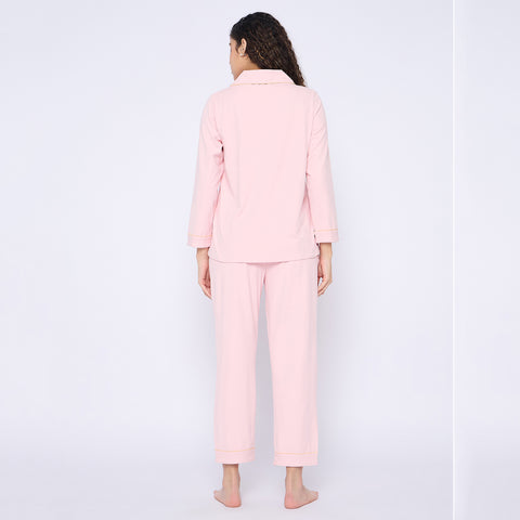 Women's Cotton Pajama Set, Long Sleeve Button-Down Top with Pants, Sleepwear, Pink