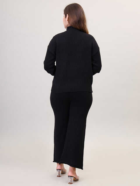 Women's Long Sleeve High Neck woolen Black Co-Ord Set