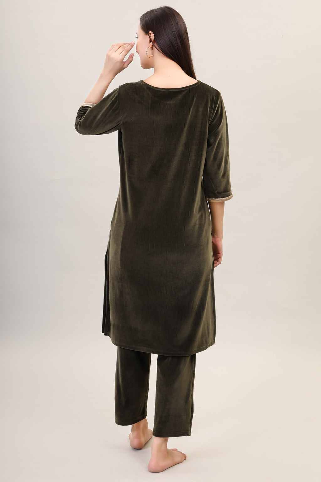 Women's Velvet Winter Embroidered Corduroy Kurti Set, Long Sleeves (Olive)