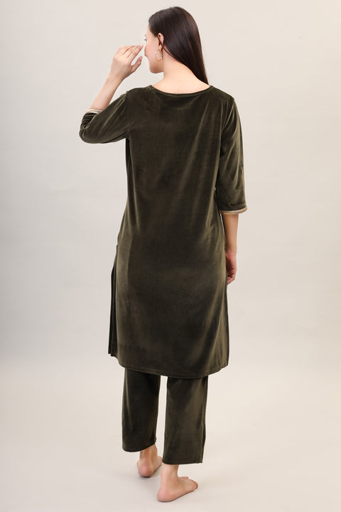 Women's Velvet Winter Embroidered Corduroy Kurti Set, Long Sleeves (Olive)
