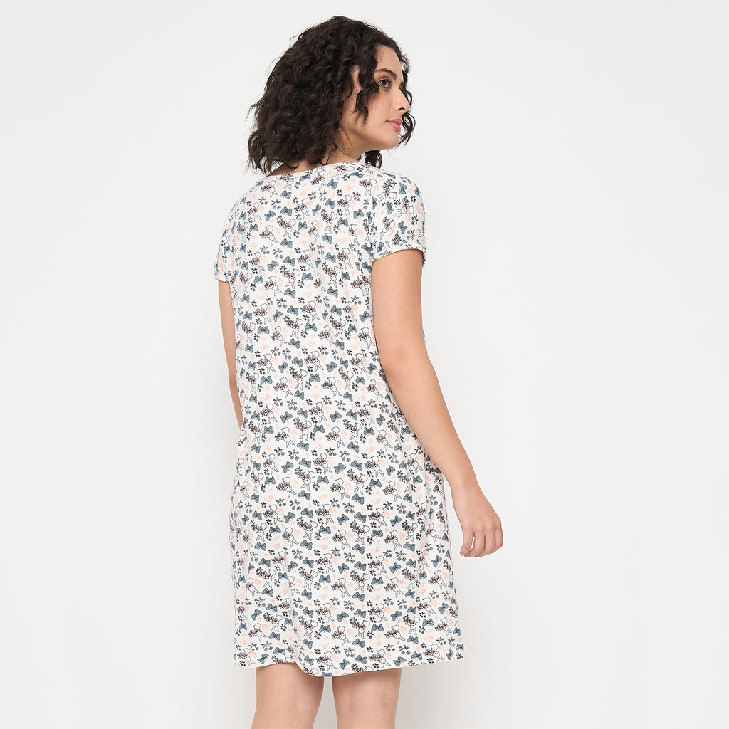 Camey Nighty Online – Fashionable Women's Night Sets | Women's Printed Nightgown, Short Sleeve Sleep Dress, Short Length, Short Nighty, White Grey