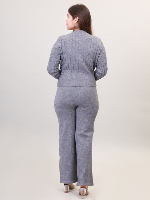 Women's Long Sleeve round neck woolen Co-Ord Set (Grey)