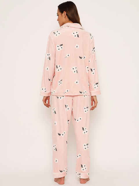 Women's Winter Velvet Full Sleeve Shirt and Pajama Pants Regular Fit Night Suit Shirt collar Top and Pyjama Set Ladies Night Dress