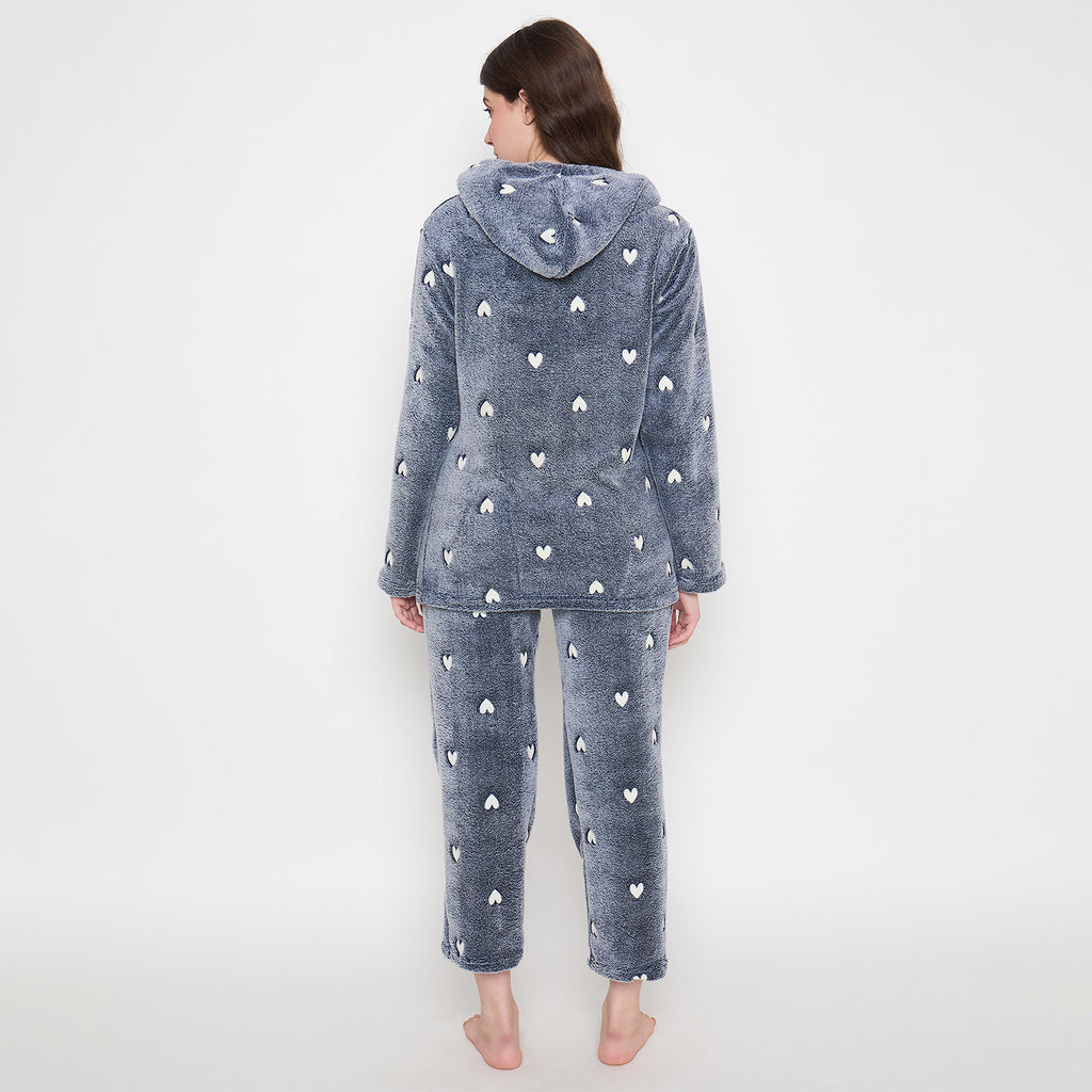 Women's Winter Glow in Dark Printed Full Sleeve Hooded Top, Pajama Pants with Pockets