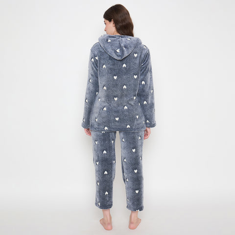 Women's Winter Glow in Dark Printed Full Sleeve Hooded Top, Pajama Pants with Pockets