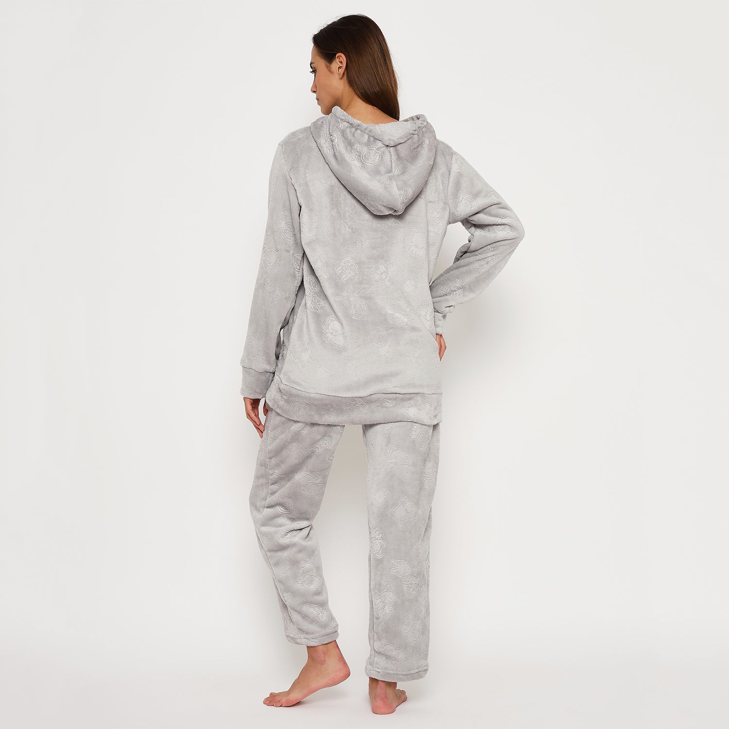 Women's Embossed Full Sleeve Hooded Top and Pajama Pants with Pockets