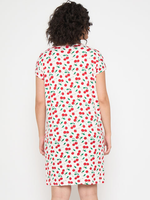 Women's Printed Nightgown, Short Sleeve Sleep Dress, Short Length, Short Nighty, Cream Red
