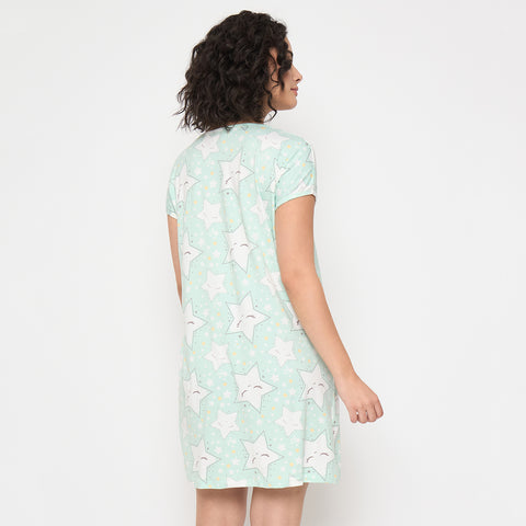 Purchase Camey Cotton Nighty Online – Comfortable Night Dress | Women's Printed Nightgown, Short Sleeve Sleep Dress, Short Length, Short Nighty, White Green