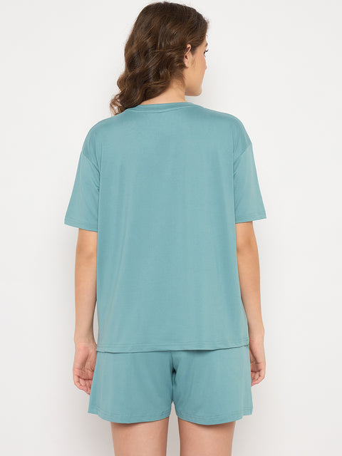 Women's Cotton Loungewear Set, Short Sleeve T-Shirt and Shorts, Teal