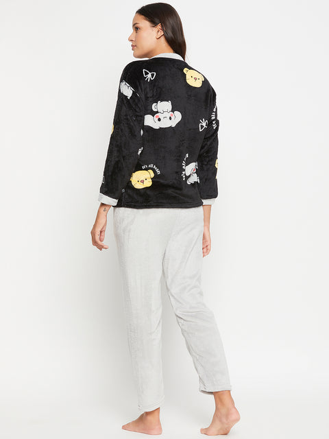 Women Printed Winter Full Sleeve Front open Top and Pajama Pants